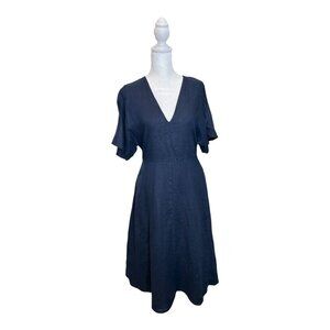 Banana Republic Maya 100% Linen Midi Dress Size 8P Navy Blue w/ Pockets Classic